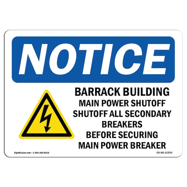 OSHA Notice Sign, 3.5" Height, Barracks Building Main Power Sign With Symbol, Landscape, 10PK